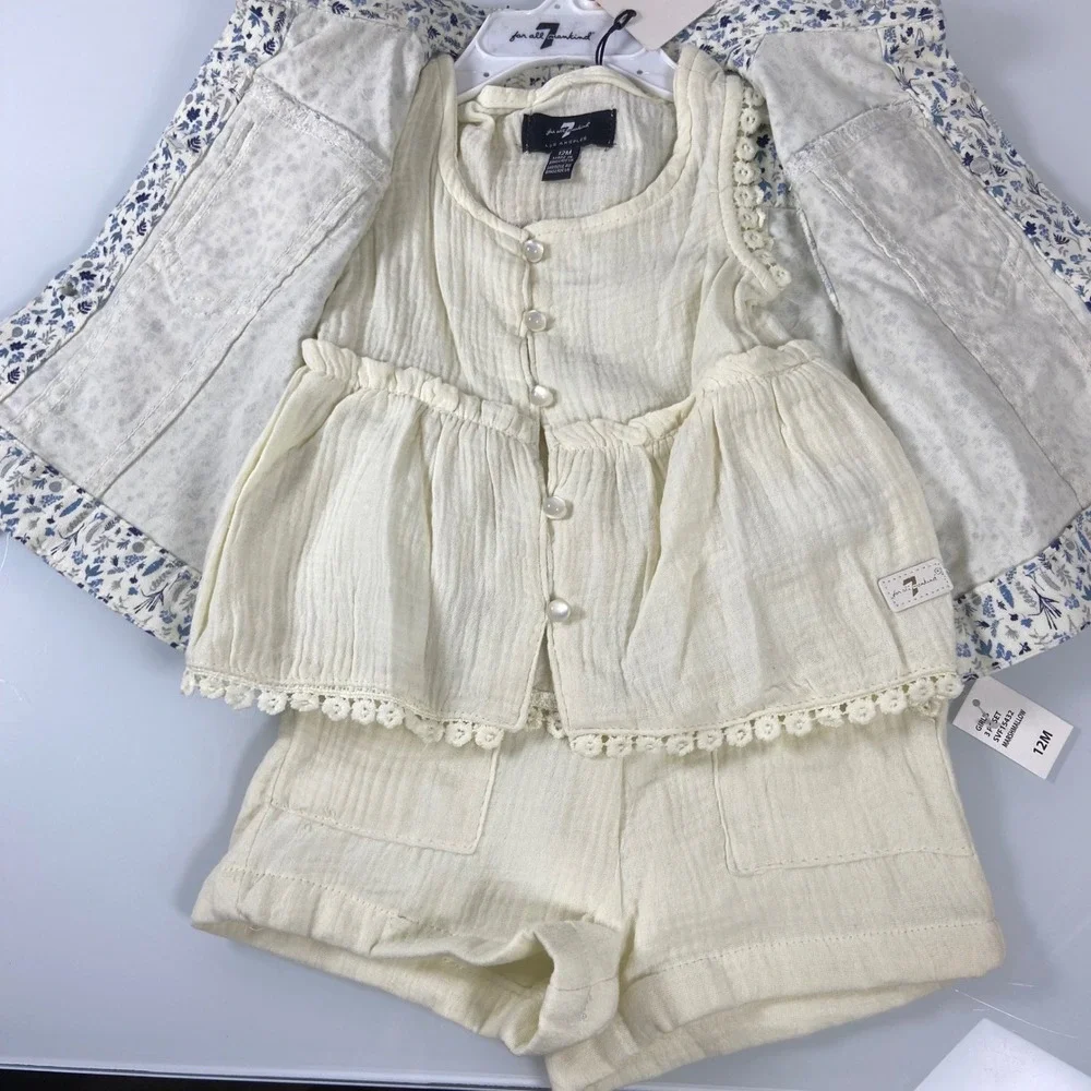 7 For All Mankind Baby Floral Jacket/Shirt/Shorts Set 12M Marshmallow Crème NEW‎